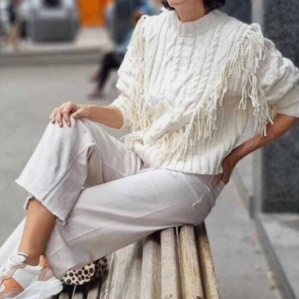 H&M Cable Knit Sweater With Fringe Boho Cottagecore Cabin Western